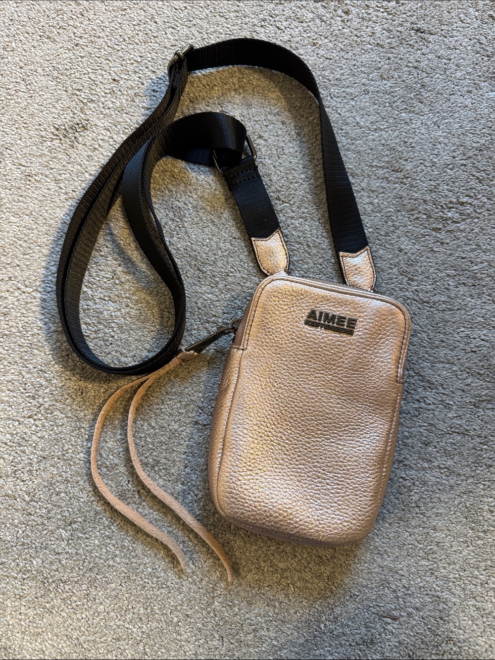 Aimee Kestenberg Metallic Rose Gold Crossbody Bag with Black Strap